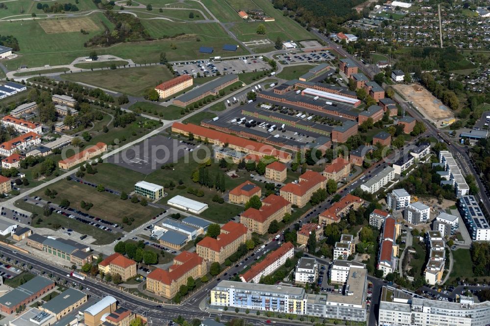 Leipzig from above - Building complex of the German army - Bundeswehr military barracks with a motor vehicle training center of the Bundeswehr on Landsberger Strasse / Olbrichtstrasse in the district Moeckern in Leipzig in the state Saxony, Germany