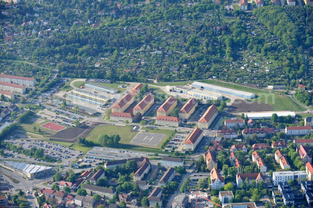 Erfurt from above - Building complex of the German army - Bundeswehr military barracks Loeberfeld-Kaserne on Zeppelinstrasse in Erfurt in the state Thuringia, Germany