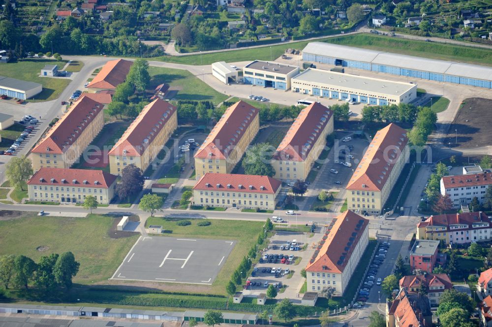 Aerial image Erfurt - Building complex of the German army - Bundeswehr military barracks Loeberfeld-Kaserne on Zeppelinstrasse in Erfurt in the state Thuringia, Germany