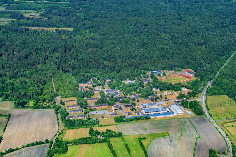 Stadum from above - Building complex of the German army - Bundeswehr military barracks in Stadum in the state Schleswig-Holstein, Germany