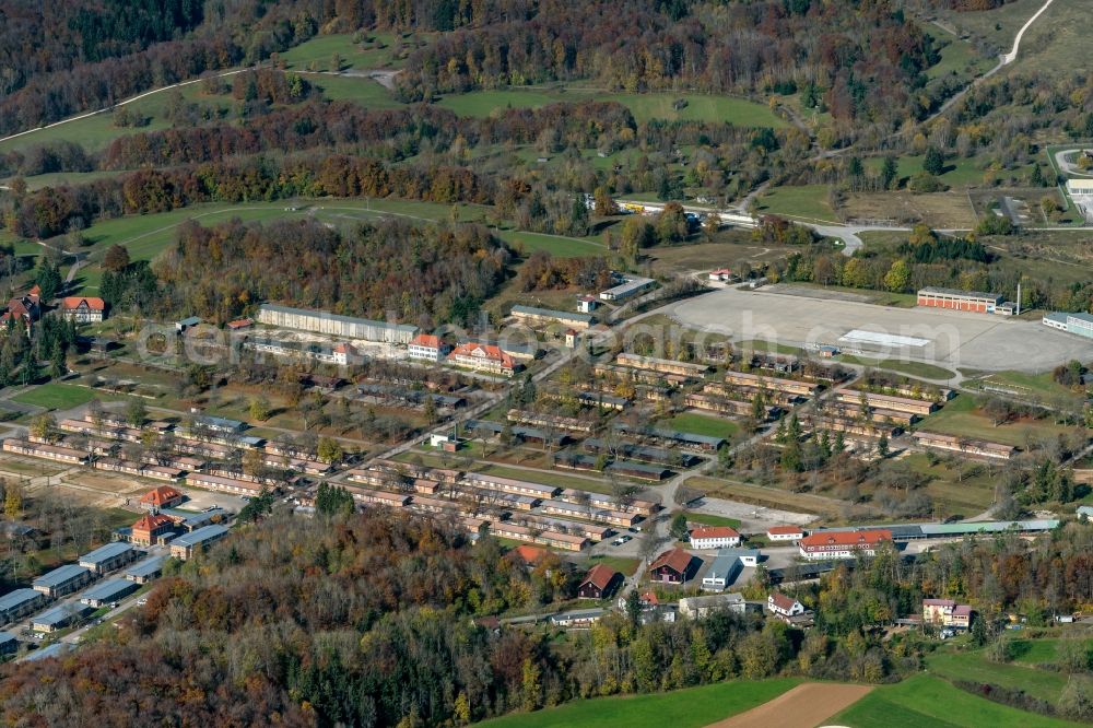 Gutsbezirk Münsingen from above - Bunker complex and depot on the military training grounds in Gutsbezirk Muensingen in the state Baden-Wurttemberg, Germany