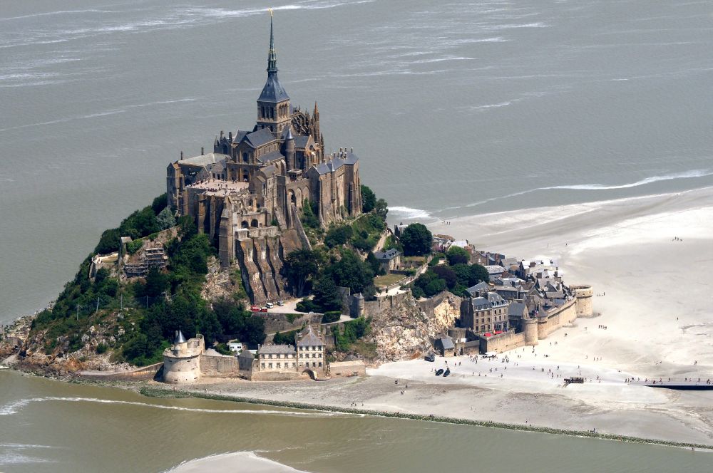 Le Mont-Saint-Michel from above - Building complex of the former monastery and Benedictine abbey in Le Mont-Saint-Michel in Normandy, France