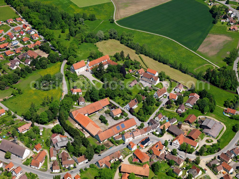 Gutenzell-Hürbel from above - Building complex of the former monastery and today Ehem. Reichsabtei St. Cosmas and Damian on street Schlossbezirk in Gutenzell-Huerbel in the state Baden-Wuerttemberg, Germany