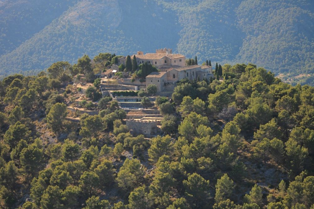 Pollença from the bird's eye view: Building complex of the former monastery Son Puig de Maria and today hostel and restaurant at Pollenca Mallorca in Balearic Islands, Spain