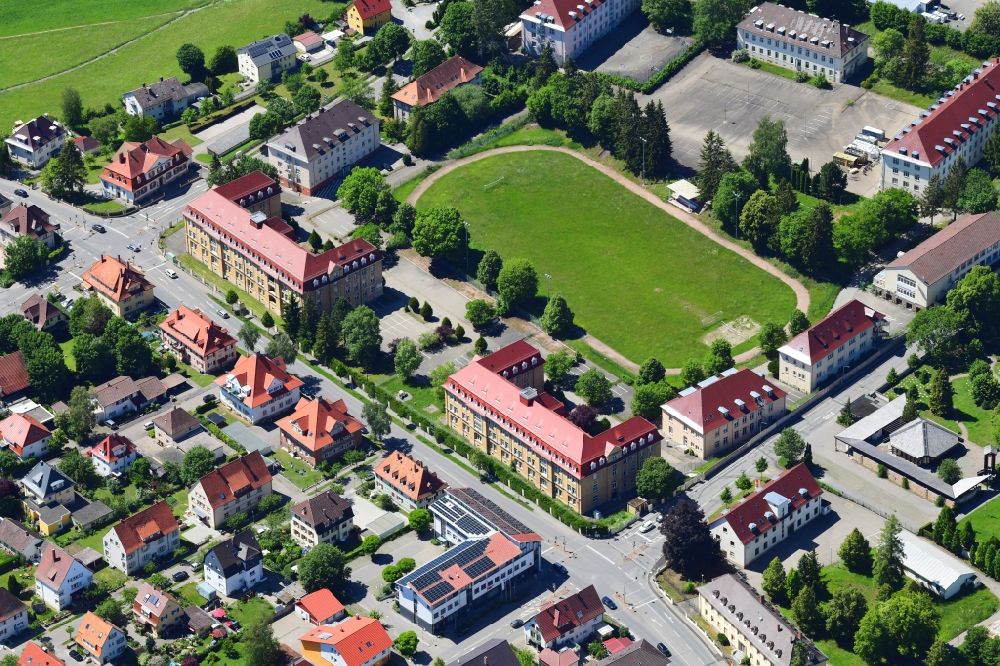 Donaueschingen from above - Building complex of the former military barracks Fuerstenberg-Kaserne in Donaueschingen in the state Baden-Wuerttemberg, Germany