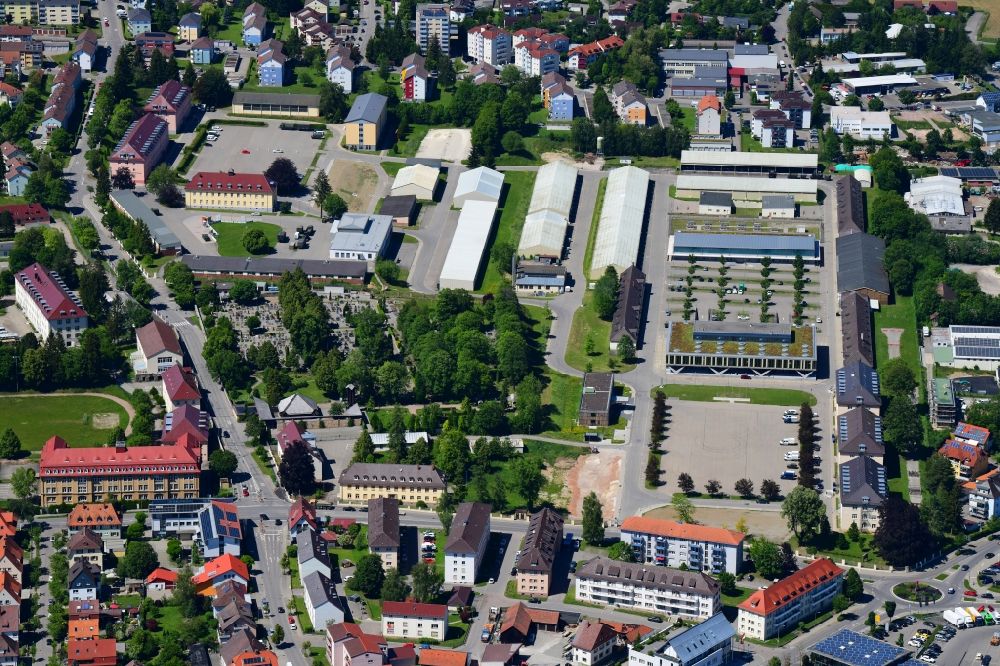 Donaueschingen from the bird's eye view: Building complex of the former military barracks Fuerstenberg-Kaserne in Donaueschingen in the state Baden-Wuerttemberg, Germany
