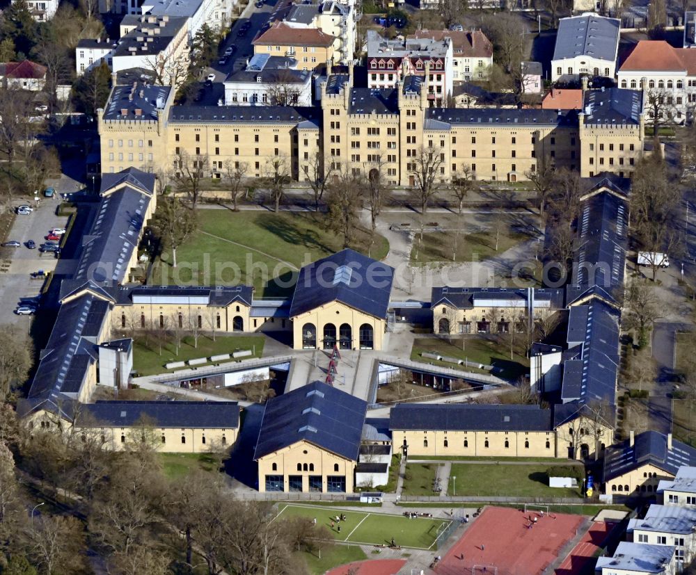 Aerial image Potsdam - Building complex of the former military barracks Garde-Ulanen-Kaserne and today's school OSZ I - Technik Potsdam in Potsdam in the state Brandenburg, Germany