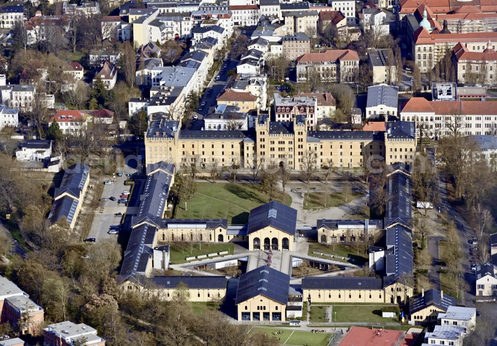 Aerial image Potsdam - Building complex of the former military barracks Garde-Ulanen-Kaserne and today's school OSZ I - Technik Potsdam in Potsdam in the state Brandenburg, Germany