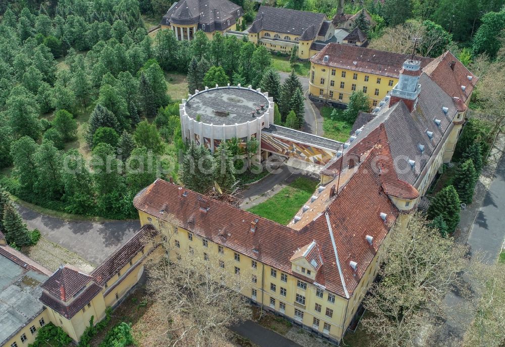 Wünsdorf from above - Building complex of the former military barracks House of Officers in the district Waldstadt in Wuensdorf in the state Brandenburg, Germany. During the GDR era, the area served as the high command of the Russian - Soviet - allied occupation forces