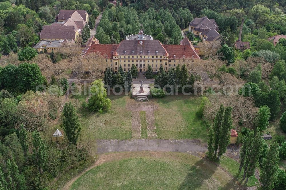 Aerial image Wünsdorf - Building complex of the former military barracks House of Officers in the district Waldstadt in Wuensdorf in the state Brandenburg, Germany. During the GDR era, the area served as the high command of the Russian - Soviet - allied occupation forces