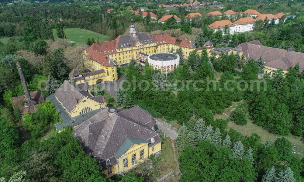 Wünsdorf from above - Building complex of the former military barracks House of Officers in the district Waldstadt in Wuensdorf in the state Brandenburg, Germany. During the GDR era, the area served as the high command of the Russian - Soviet - allied occupation forces