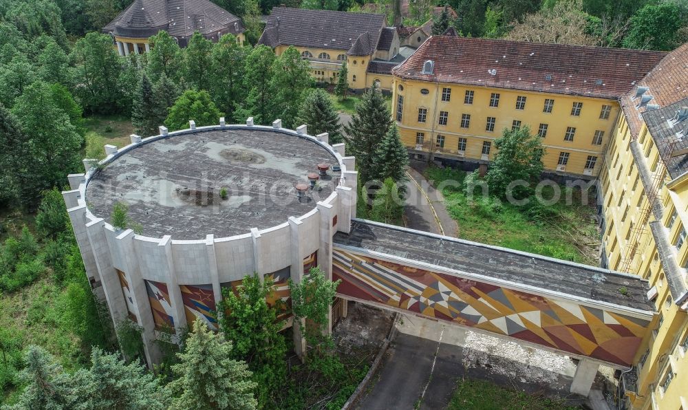 Aerial image Wünsdorf - Building complex of the former military barracks House of Officers in the district Waldstadt in Wuensdorf in the state Brandenburg, Germany. During the GDR era, the area served as the high command of the Russian - Soviet - allied occupation forces