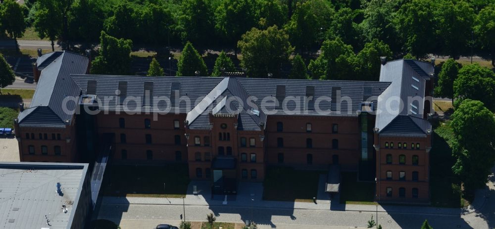 Magdeburg from above - Building complex of the former military barracks in Magdeburg in the state Saxony-Anhalt. Today the building is used by the Landeshauptarchiv Saxony-Anhalt with magazine in the Brueckstrasse