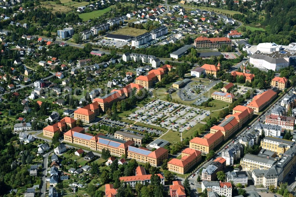 Plauen from the bird's eye view: Building complex of the former military barracks Offiziershochschule (OHS) der Grenztruppender DDR in Plauen in the state Saxony