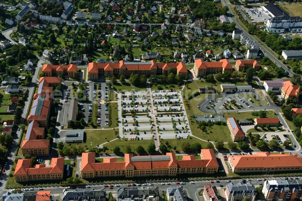 Plauen from above - Building complex of the former military barracks Offiziershochschule (OHS) der Grenztruppender DDR in Plauen in the state Saxony