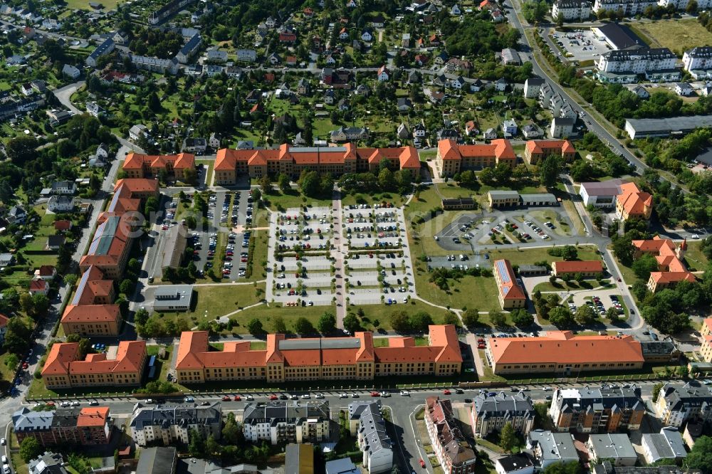 Plauen from the bird's eye view: Building complex of the former military barracks Offiziershochschule (OHS) der Grenztruppender DDR in Plauen in the state Saxony