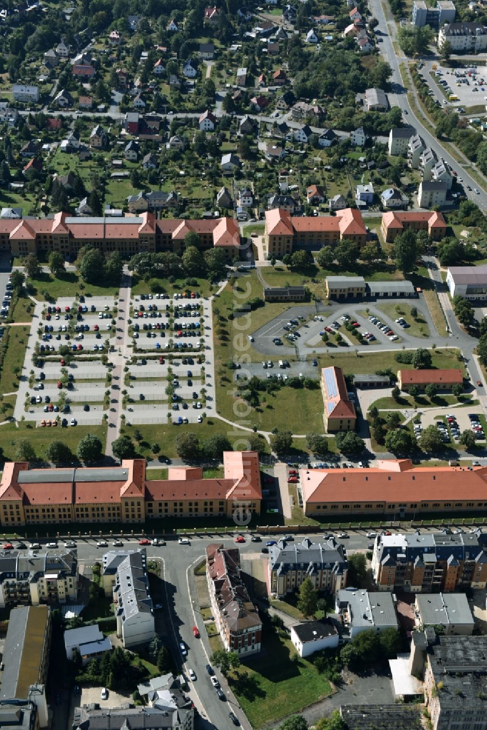 Aerial image Plauen - Building complex of the former military barracks Offiziershochschule (OHS) der Grenztruppender DDR in Plauen in the state Saxony