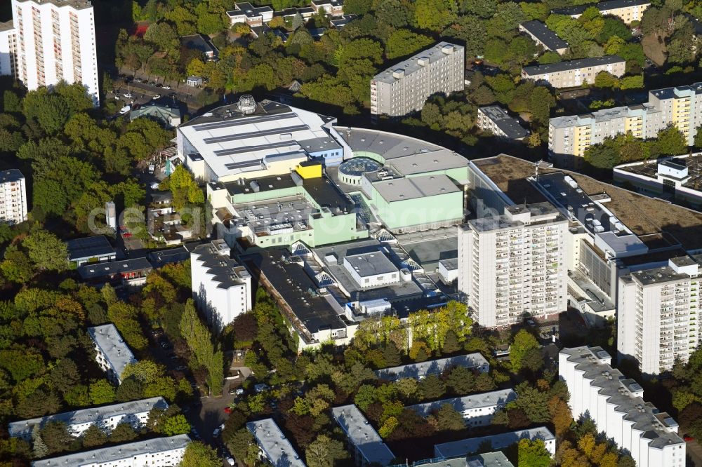 Berlin from the bird's eye view: Building complex of the shopping mall Gropiuspassagen in the Gropiusstadt part of the district of Neukoelln in Berlin in Germany. The mall is located on Johannisthaler Chaussee amidst residential areas