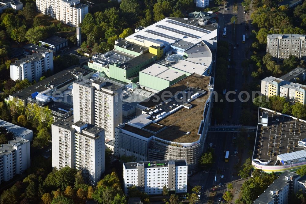 Berlin from above - Building complex of the shopping mall Gropiuspassagen in the Gropiusstadt part of the district of Neukoelln in Berlin in Germany. The mall is located on Johannisthaler Chaussee amidst residential areas