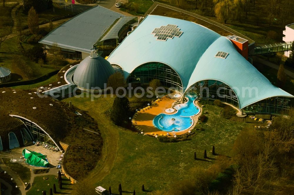 Bad Sulza from above - Building complex and complex of the Toscana Therme with swimming pools and rest areas in Bad Sulza in the state Thuringia, Germany