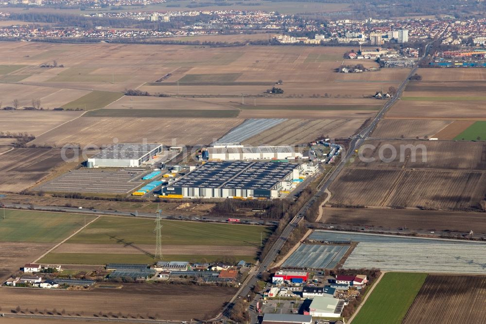 Frankenthal from above - Building complex and grounds of the logistics center of Amazon Logistik Frankenthal GmbH in Frankenthal in the state Rhineland-Palatinate, Germany