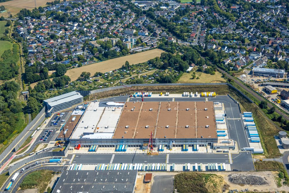 Witten from above - building complex and grounds of the logistics center with a new Amazon building on Menglinghauser Strasse - Siemensstrasse in the district Ruedinghausen in Witten at Ruhrgebiet in the state North Rhine-Westphalia, Germany