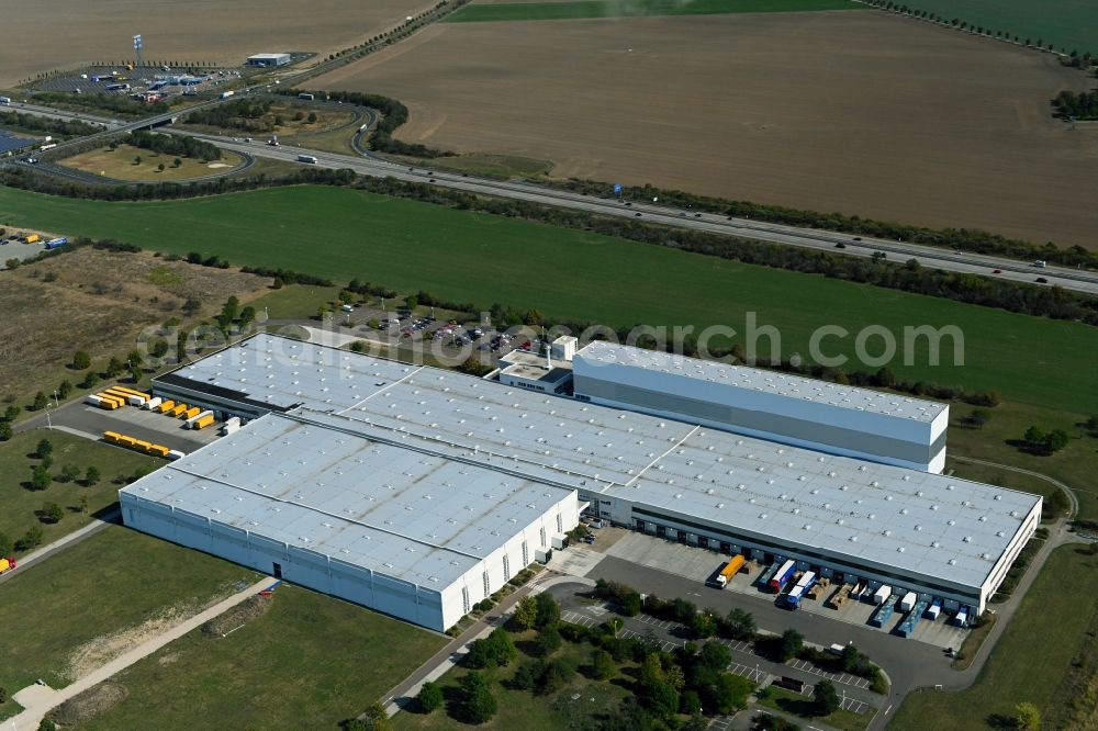 Aerial photograph Zörbig - Building complex and grounds of the logistics center of Arvato Distribution GmbH & Arvato Supply Chain Solutions SE on Loesnitz Mark in the district Grosszoeberitz in Zoerbig in the state Saxony-Anhalt, Germany