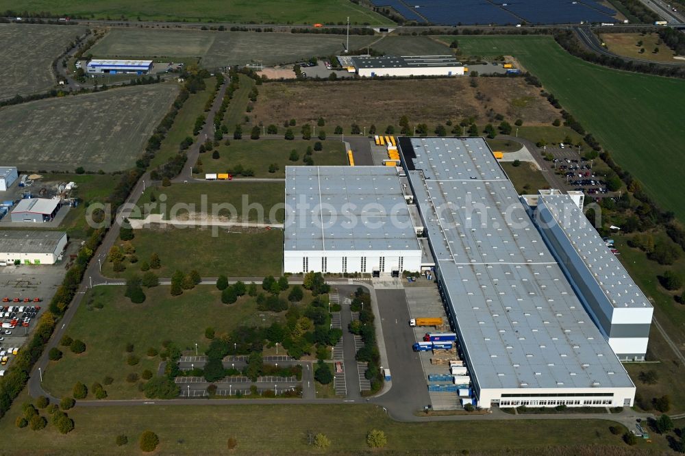 Zörbig from above - Building complex and grounds of the logistics center of Arvato Distribution GmbH & Arvato Supply Chain Solutions SE on Loesnitz Mark in the district Grosszoeberitz in Zoerbig in the state Saxony-Anhalt, Germany