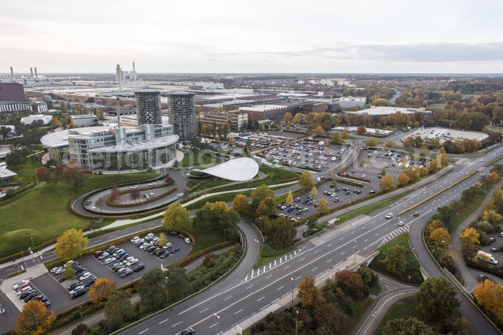 Aerial photograph Wolfsburg - Building complex and grounds of the logistics center der Autostadt des VW Volkswagen- Werkes in Wolfsburg in the state Lower Saxony
