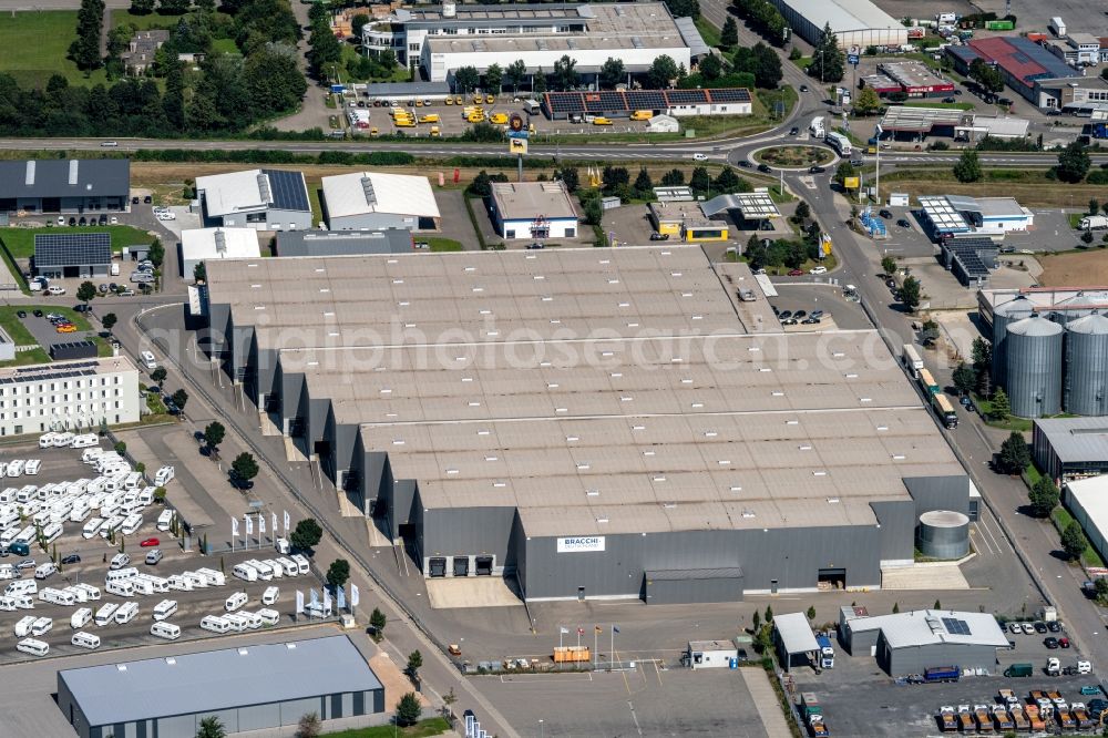 Ettenheim from above - Building complex and grounds of the logistics center Bracchi Deutschland Transport & Logistik GmbH in Ettenheim in the state Baden-Wuerttemberg, Germany