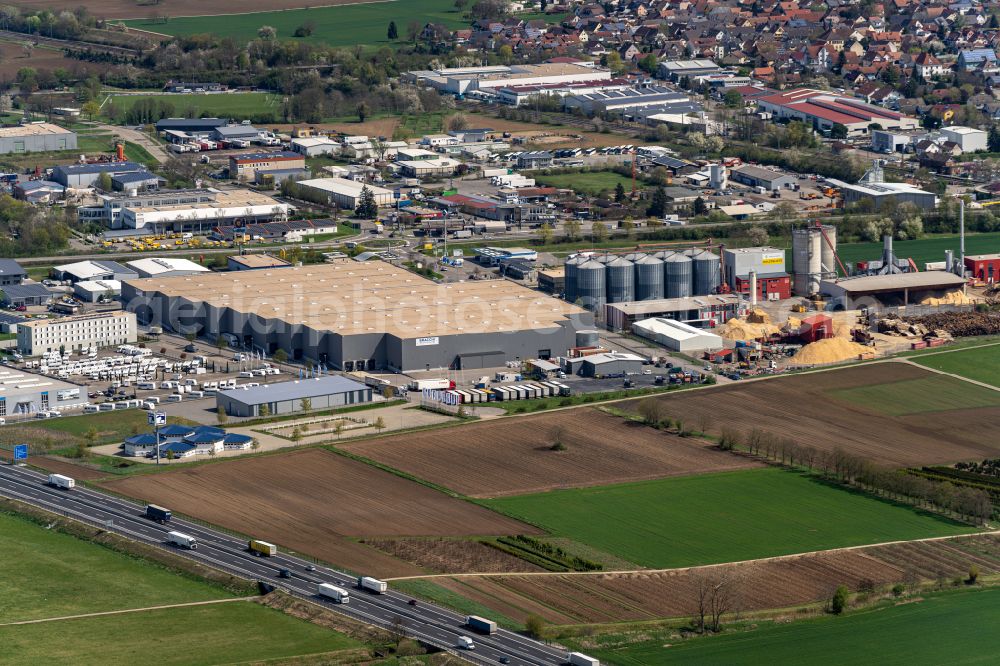 Ettenheim from above - Building complex and grounds of the logistics center Bracchi Deutschland Transport & Logistik GmbH in Ettenheim in the state Baden-Wuerttemberg, Germany