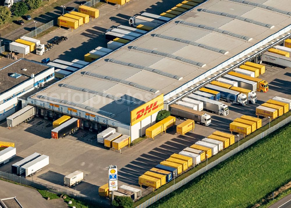 Herbolzheim from the bird's eye view: Building complex and grounds of the logistics center DHL in Herbolzheim in the state Baden-Wuerttemberg, Germany