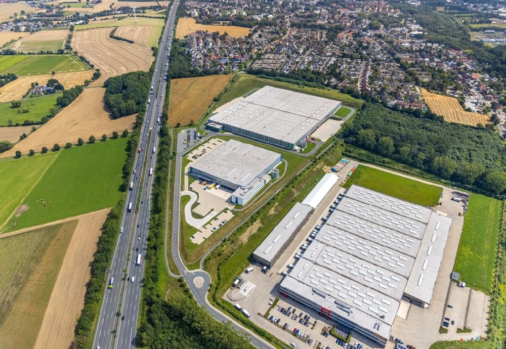 Bergkamen from the bird's eye view: Building complex and grounds of the logistics center along the highway BAB A2 in Bergkamen in the state North Rhine-Westphalia, Germany
