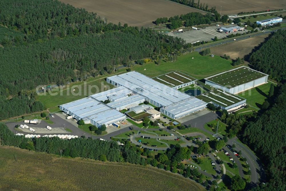 Coswig (Anhalt) from the bird's eye view: Building complex and grounds of the logistics center of Ernsting's Family GmbH & Co. KG in the district Klieken in Coswig (Anhalt) in the state Saxony-Anhalt, Germany