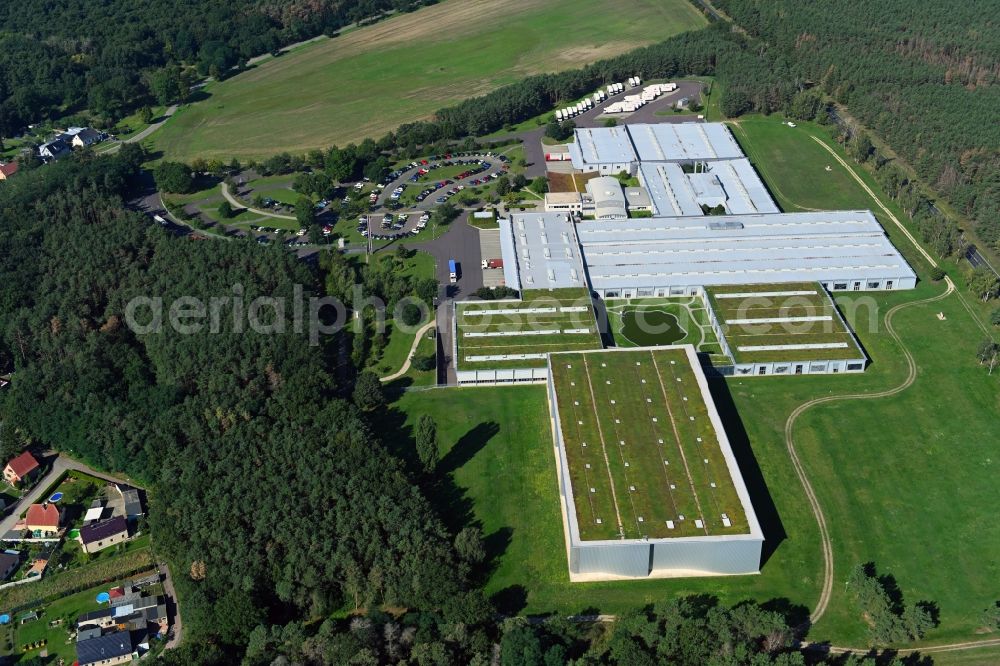 Coswig (Anhalt) from the bird's eye view: Building complex and grounds of the logistics center of ErnstingA?s Family GmbH&Co.KG in the district Klieken in Coswig (Anhalt) in the state Saxony-Anhalt, Germany