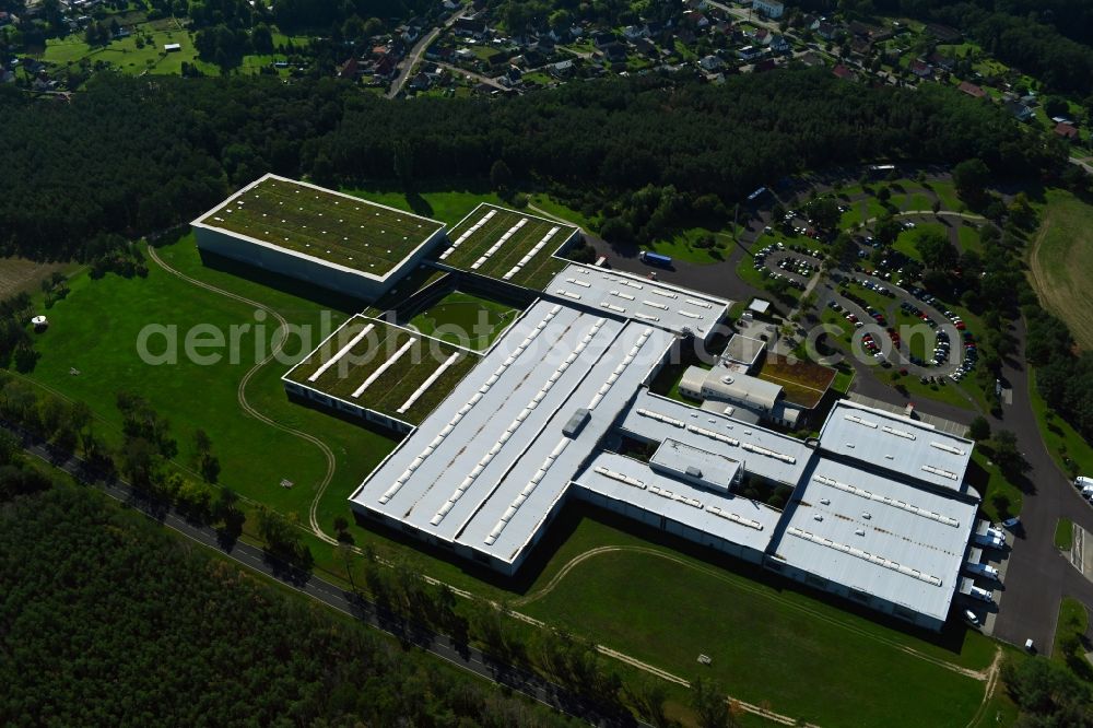 Aerial image Coswig (Anhalt) - Building complex and grounds of the logistics center of ErnstingA?s Family GmbH&Co.KG in the district Klieken in Coswig (Anhalt) in the state Saxony-Anhalt, Germany