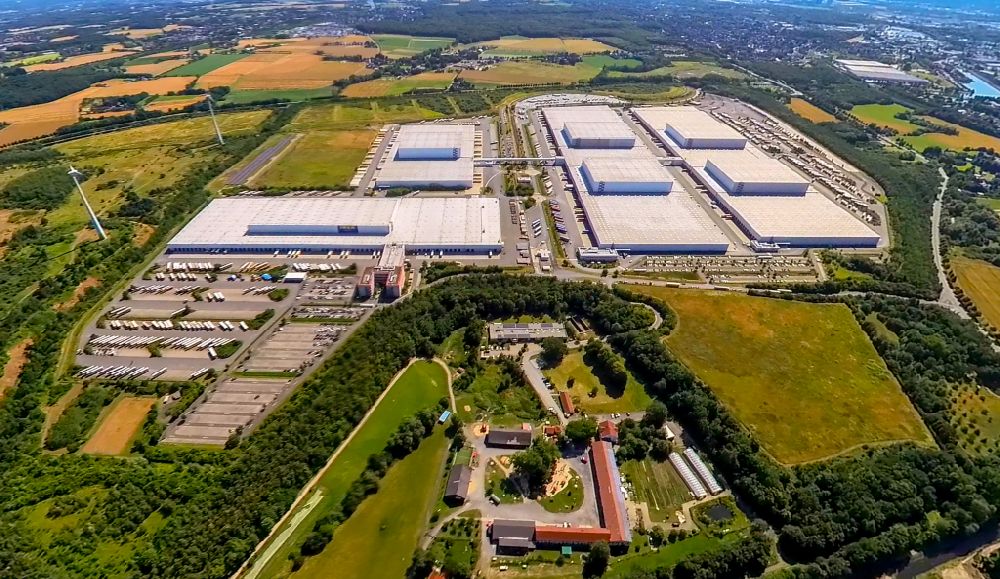 Dortmund from above - Building complex and grounds of the logistics center IKEA in the district of Ellinghausen in Dortmund in the Ruhr area in the state North Rhine-Westphalia, Germany