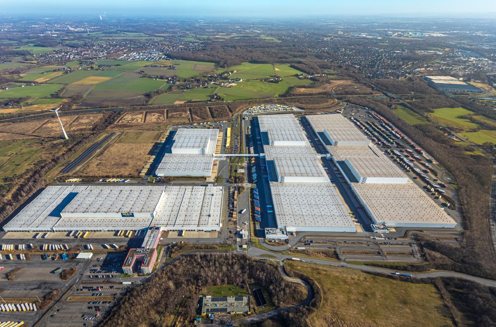Aerial image Dortmund - building complex and grounds of the logistics center of IKEA overlooking the dump landfill Ellinghausen on Ellinghauser Strasse in Dortmund at Ruhrgebiet in the state North Rhine-Westphalia, Germany