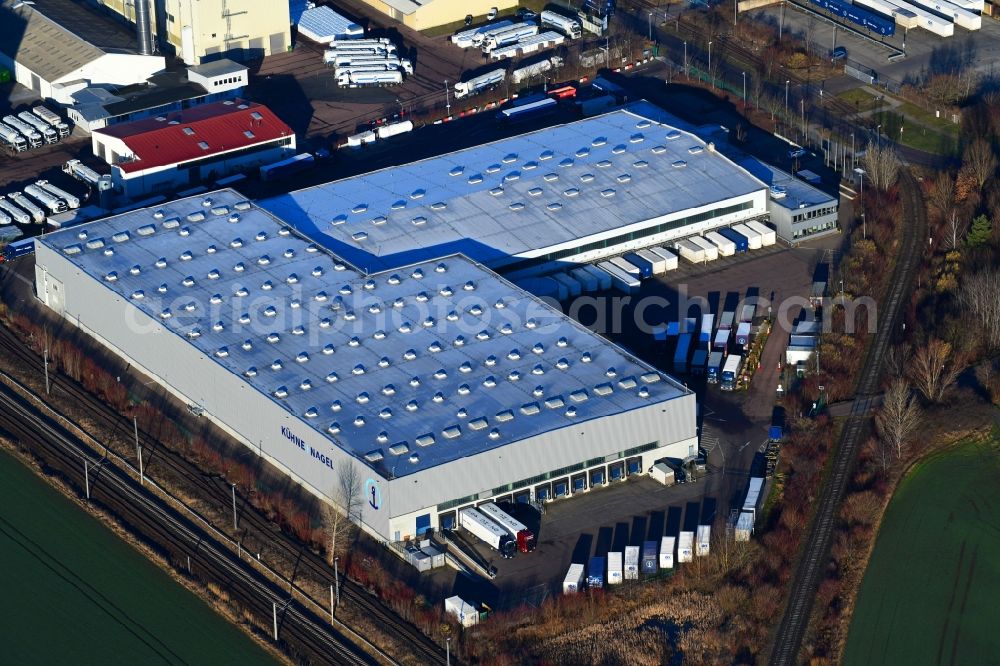 Aerial image Markranstädt - Building complex and grounds of the logistics center of Kuehne + Nagel (AG & Co.) KG Am Glaeschen in Markranstaedt in the state Saxony, Germany