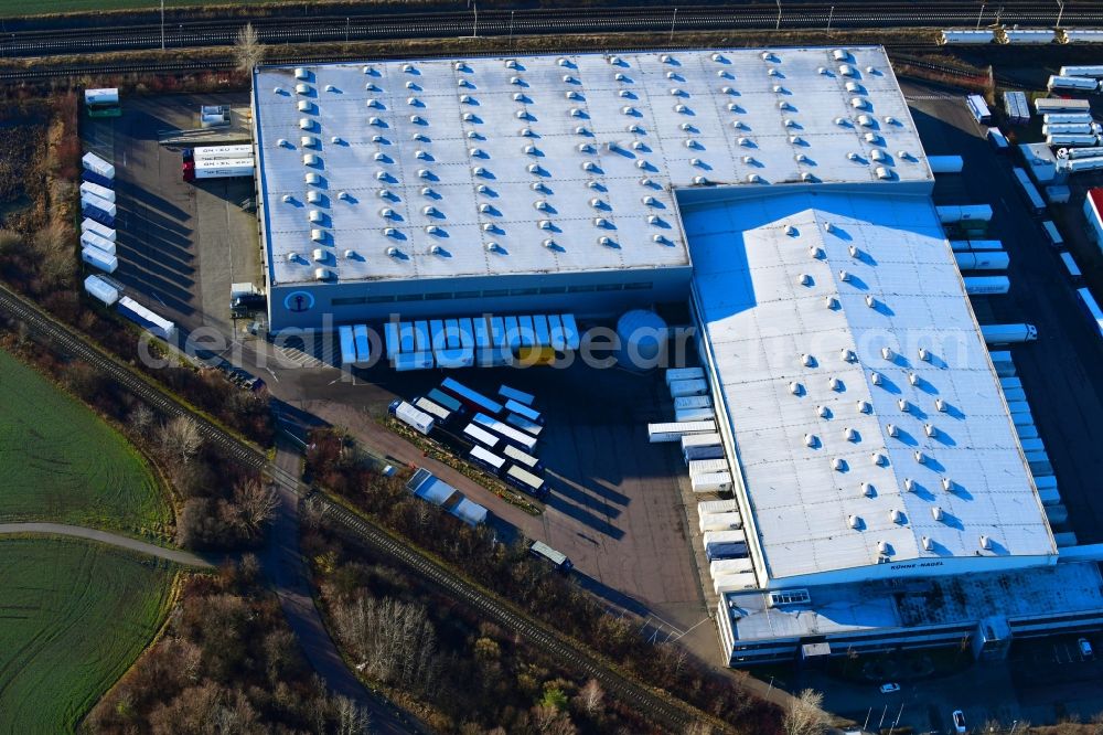 Markranstädt from the bird's eye view: Building complex and grounds of the logistics center of Kuehne + Nagel (AG & Co.) KG Am Glaeschen in Markranstaedt in the state Saxony, Germany