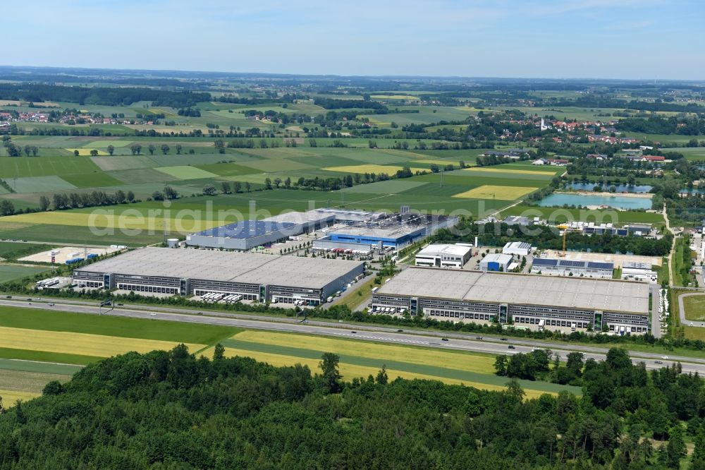 Bergkirchen from the bird's eye view: Building complex and grounds of the logistics center of Metro Group Logistics on Gadastrasse in the district Geiselbullach in Bergkirchen in the state Bavaria, Germany