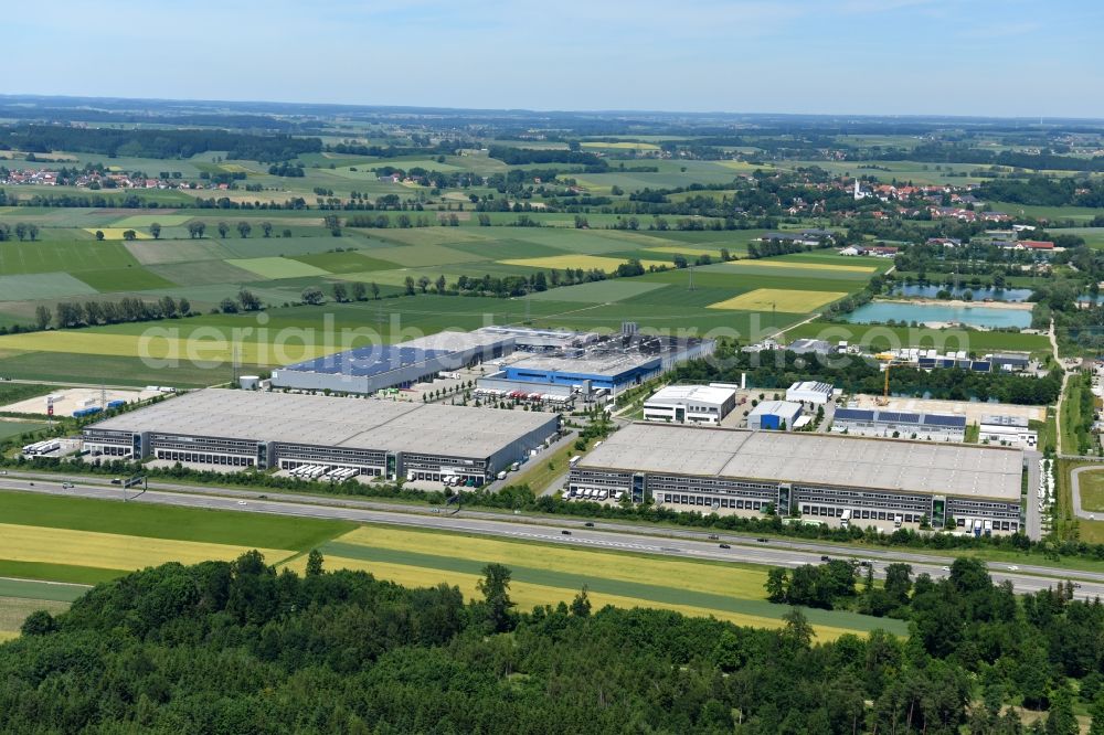 Aerial image Bergkirchen - Building complex and grounds of the logistics center of Metro Group Logistics on Gadastrasse in the district Geiselbullach in Bergkirchen in the state Bavaria, Germany