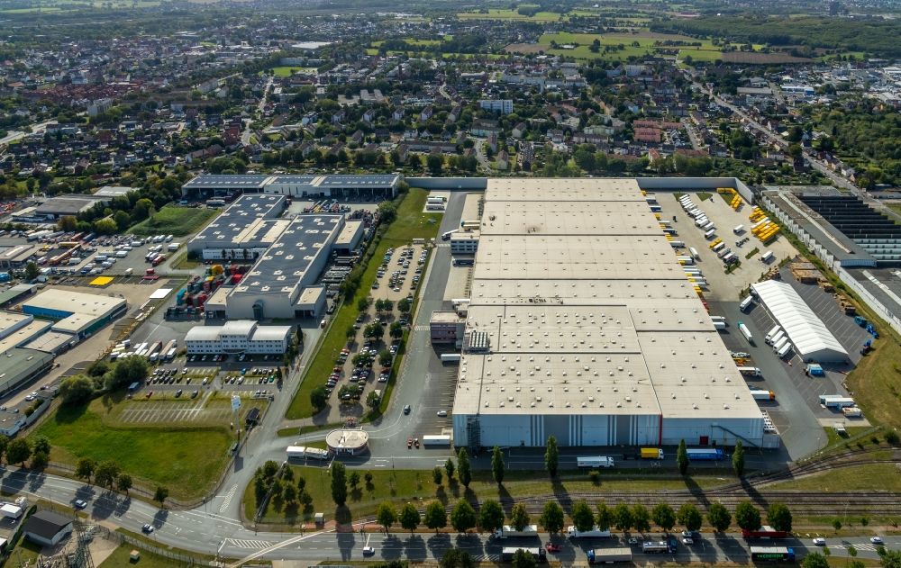 Hamm from the bird's eye view: Building complex and grounds of the logistics center MGL Metro Group in Hamm in the state North Rhine-Westphalia, Germany