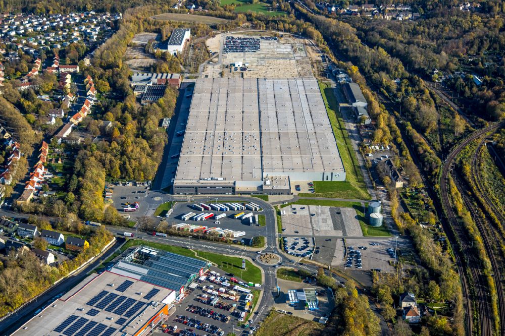 Bochum from the bird's eye view: Building complex and grounds of the logistics center of Opel Group Warehousing GmbH on Hauptstrasse in Bochum in the state North Rhine-Westphalia, Germany