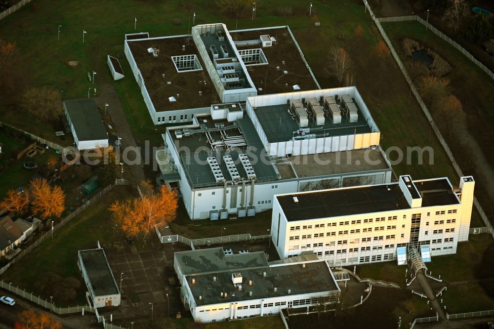 Berlin from the bird's eye view: building complex and grounds of the logistics center - data center of DB Systel GmbH on Florastrasse in the district Mahlsdorf in Berlin, Germany