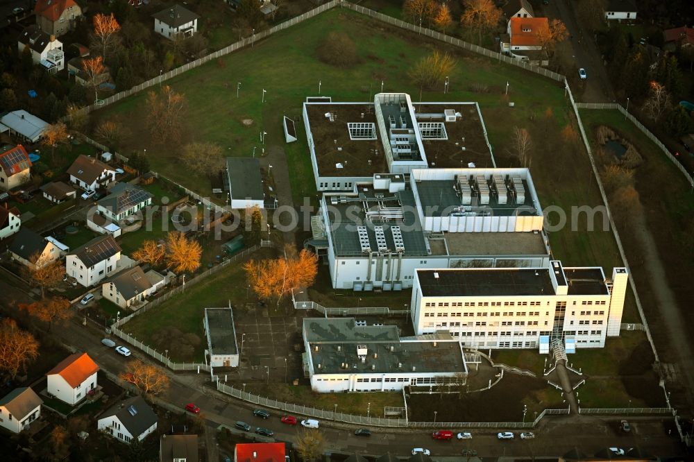 Aerial image Berlin - building complex and grounds of the logistics center - data center of DB Systel GmbH on Florastrasse in the district Mahlsdorf in Berlin, Germany
