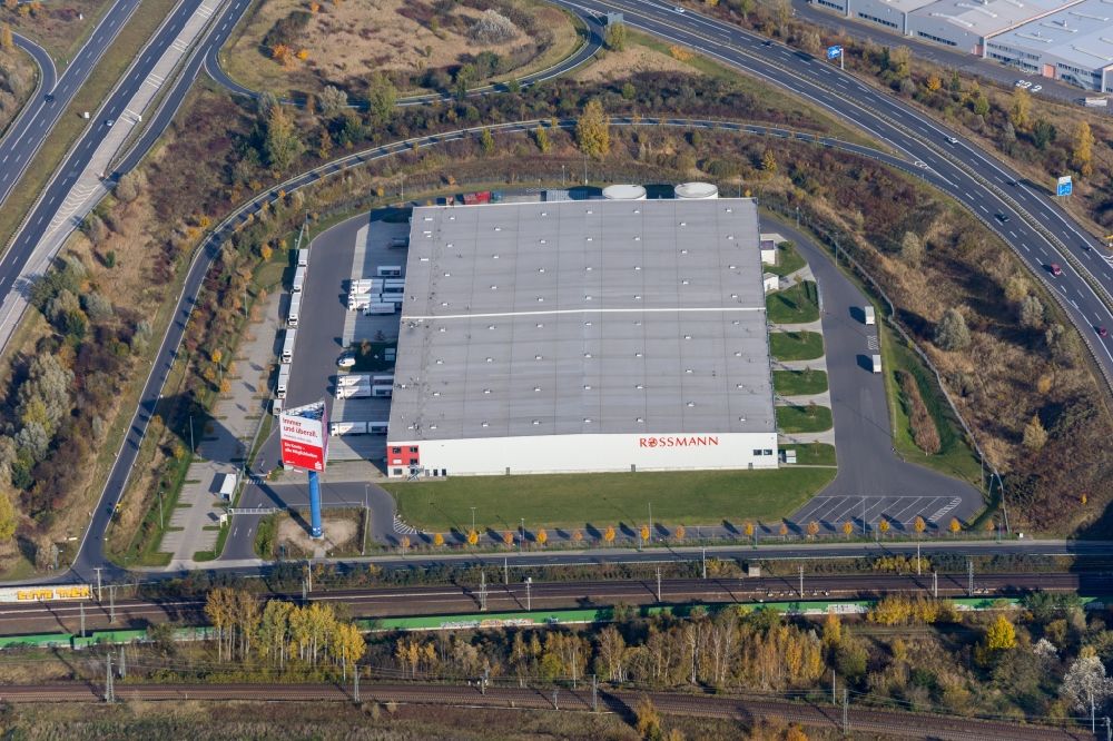 Aerial photograph Wustermark - Building complex and grounds of the logistics center Rossmann Zentrallager Wustermark in Wustermark in the state Brandenburg, Germany