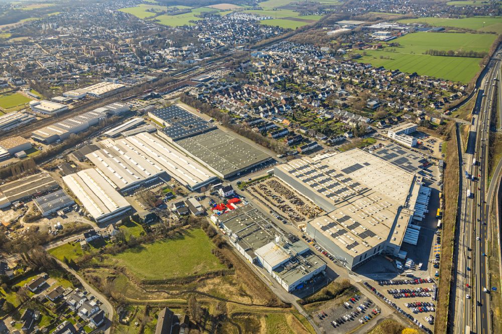 Holzwickede from the bird's eye view: Building complex and grounds of the logistics center on Stehfenstrasse with several company settlements in the district Brackel in Holzwickede in the state North Rhine-Westphalia, Germany