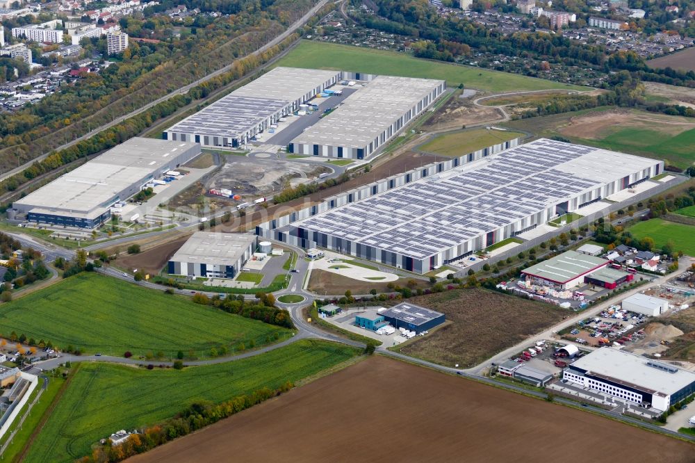 Göttingen from the bird's eye view: Building complex and grounds of the logistics center VGP-Park in the district Leineberg in Goettingen in the state Lower Saxony, Germany