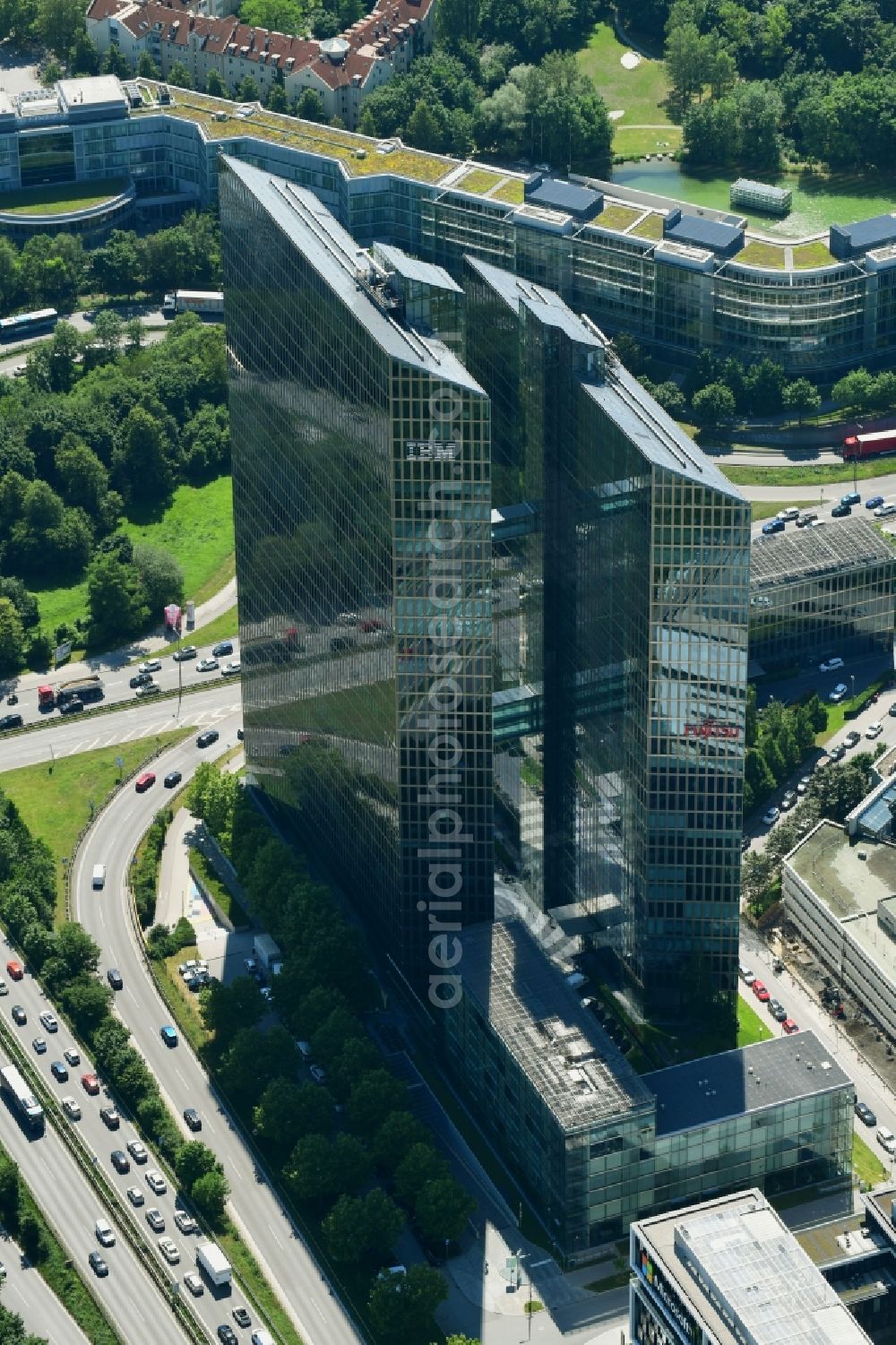 Aerial photograph München - High-rise building complex HighLight Towers on corner Mies-van-der-Rohe- und Walter-Gropius-Strasse in the district Schwabing-Freimann in Munich in the state Bavaria, Germany